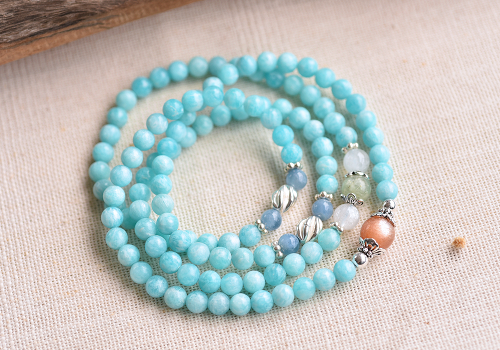 天河石+ 太陽石+ アクアマリン + ムーンストーン 108 数珠 / 仏数珠
