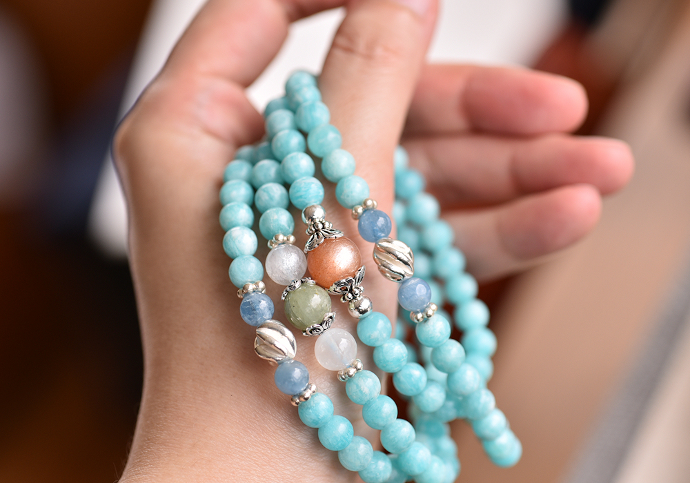 天河石+ 太陽石+ アクアマリン + ムーンストーン 108 数珠 / 仏数珠
