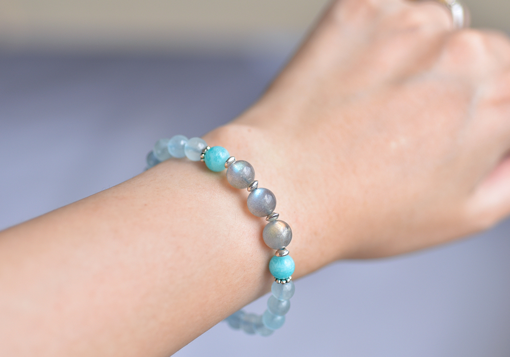 Blue Aquamarine Bracelet with 2024 Sterling Silver, Light Blue Beaded Bracelet with Charms, Aquamarine Jewelry