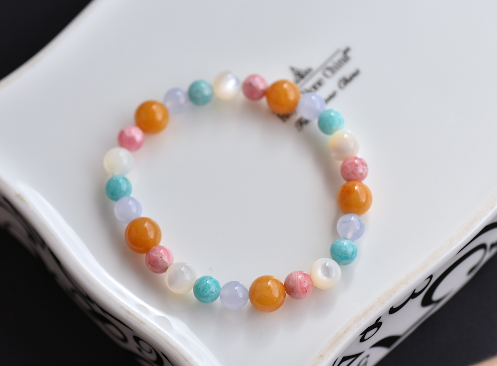 Colorful Rainbow-Rhodochrosite + Tianhe Stone+ Blue Grain Agate + Topaz + Pearl Shell Bracelet - Bracelets - Crystal Multicolor