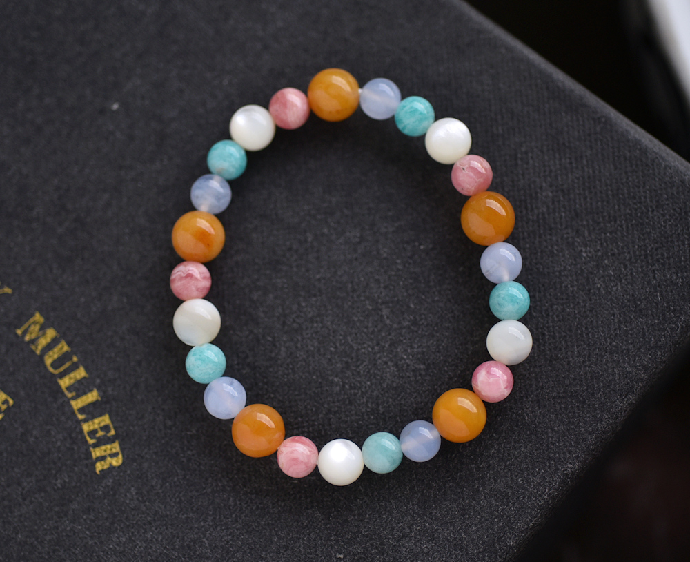 Colorful Rainbow-Rhodochrosite + Tianhe Stone+ Blue Grain Agate + Topaz + Pearl Shell Bracelet - Bracelets - Crystal Multicolor