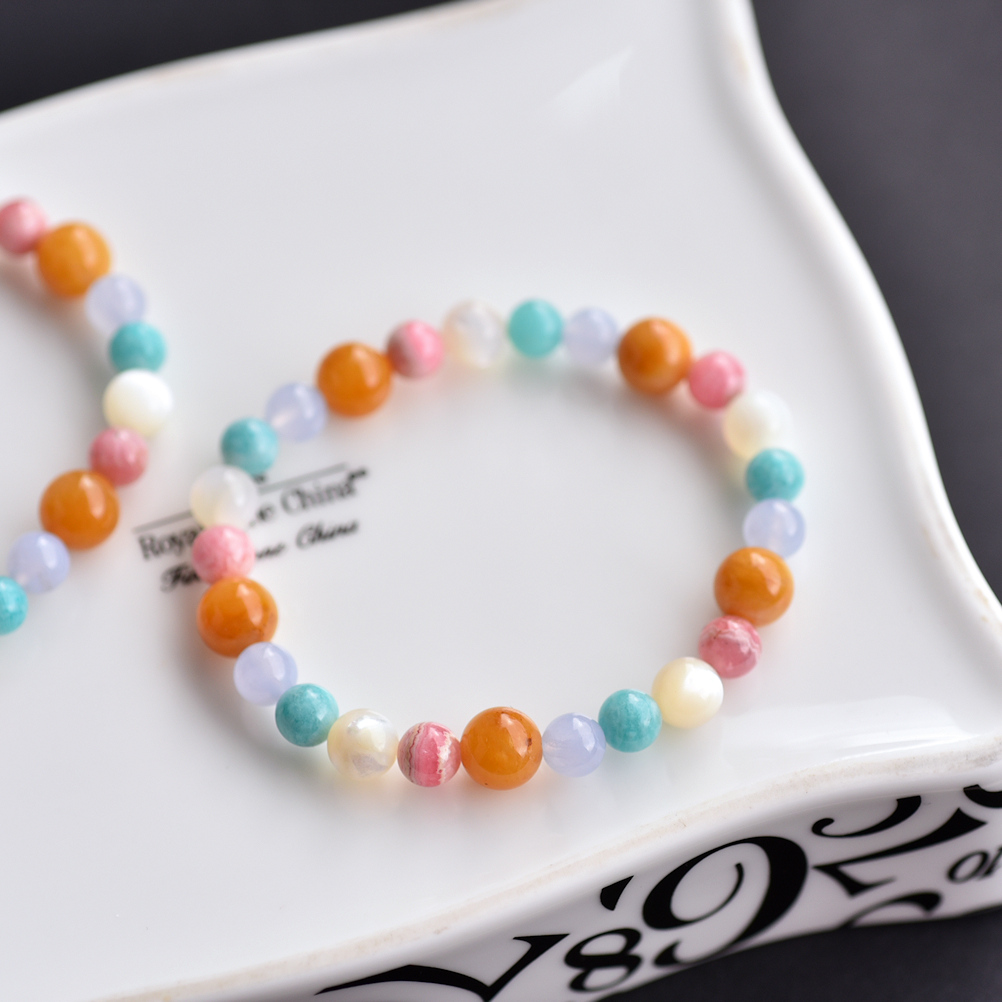 Colorful Rainbow-Rhodochrosite + Tianhe Stone+ Blue Grain Agate + Topaz + Pearl Shell Bracelet - Bracelets - Crystal Multicolor