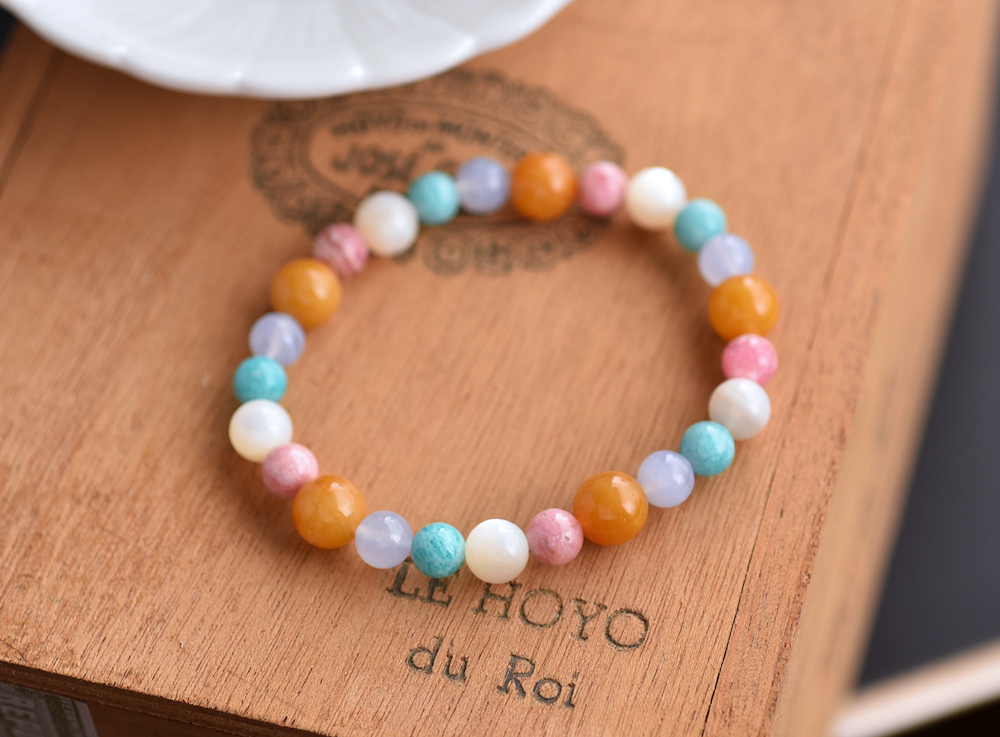 Colorful Rainbow-Rhodochrosite + Tianhe Stone+ Blue Grain Agate + Topaz + Pearl Shell Bracelet - Bracelets - Crystal Multicolor