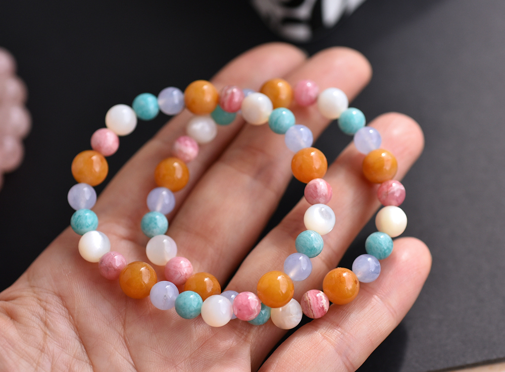 Colorful Rainbow-Rhodochrosite + Tianhe Stone+ Blue Grain Agate + Topaz + Pearl Shell Bracelet - Bracelets - Crystal Multicolor