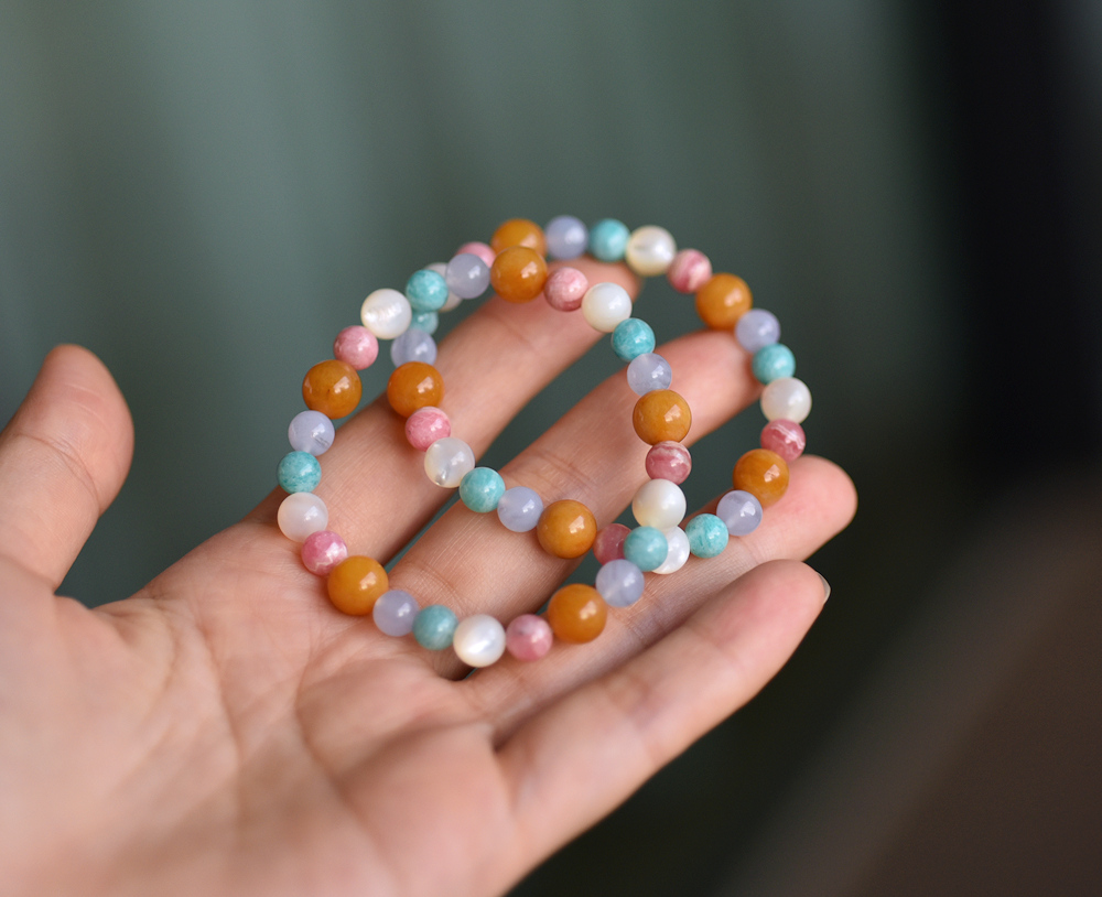 Colorful Rainbow-Rhodochrosite + Tianhe Stone+ Blue Grain Agate + Topaz + Pearl Shell Bracelet - Bracelets - Crystal Multicolor