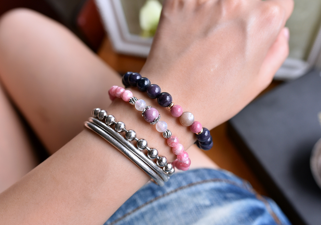 Rose Stone*Cat's Eye Moonstone*Blue Line Stone Bracelet - Bracelets - Crystal Purple