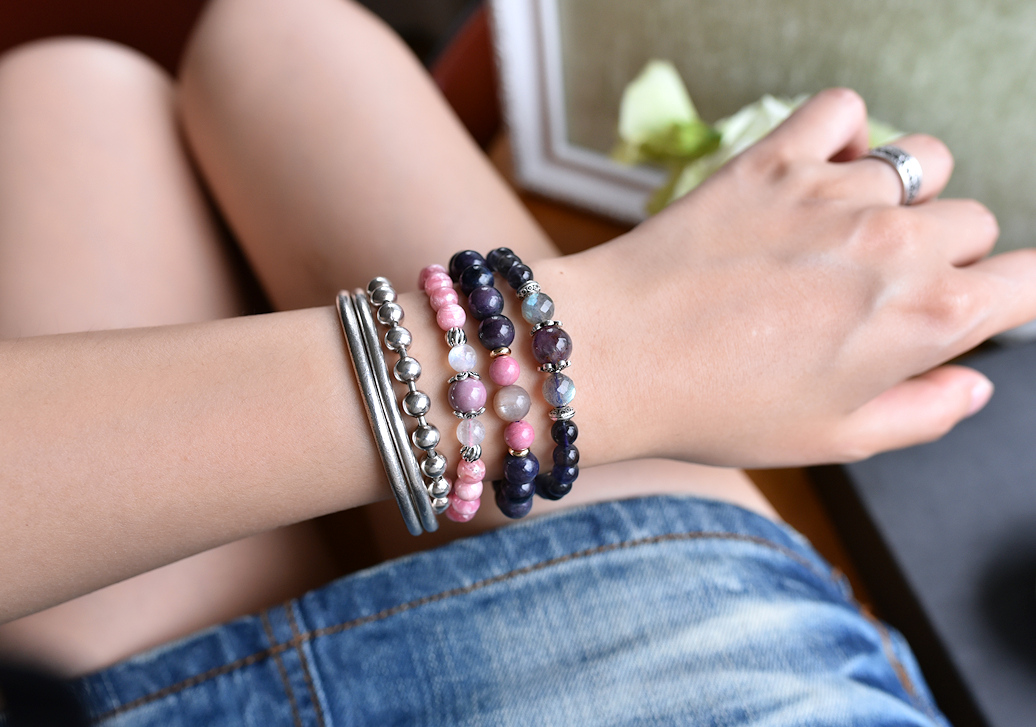 Rose Stone*Cat's Eye Moonstone*Blue Line Stone Bracelet - Bracelets - Crystal Purple