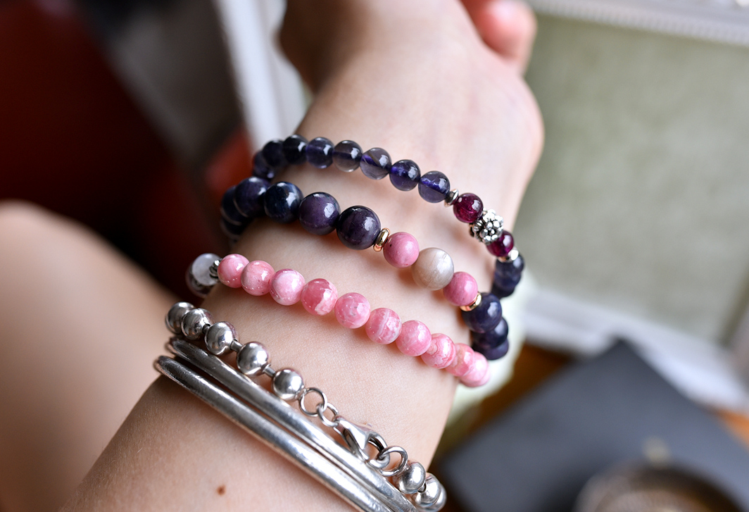 Rose Stone*Cat's Eye Moonstone*Blue Line Stone Bracelet - Bracelets - Crystal Purple
